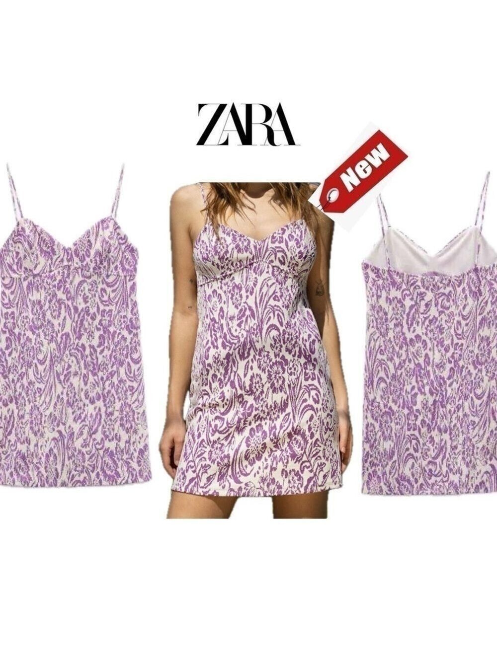 Zara purple white jacquard knit spaghetti strap bodycon mini dress Sz M NWT